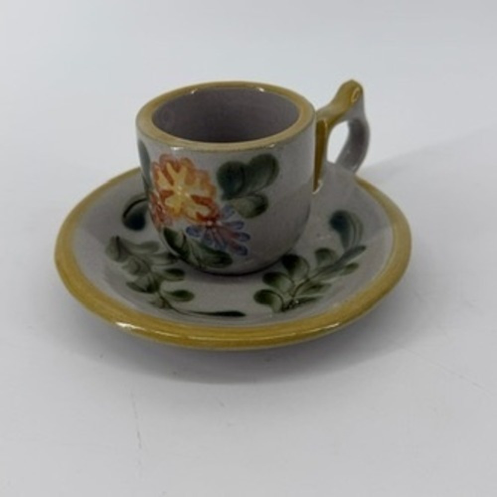 Louisville Stoneware Miniature Cup and Saucer Hand Painted Floral Gray Yellow